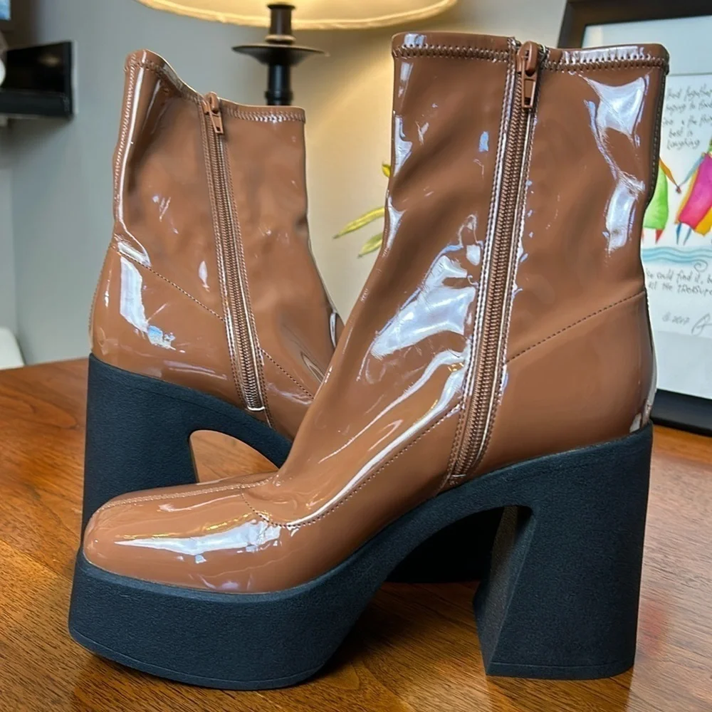 KATY PERRY Heightten Stretch Bootie Patent Platform Zip Chunky Butterscotch 9M - Picture 12 of 13